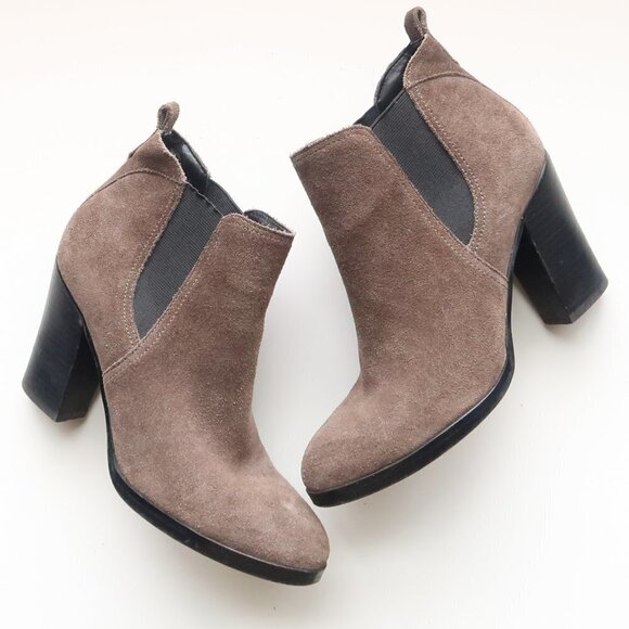 Marc Fisher Taupe Suede Leather Block Heel Ankle Boots / Booties - Picture 1 of 15